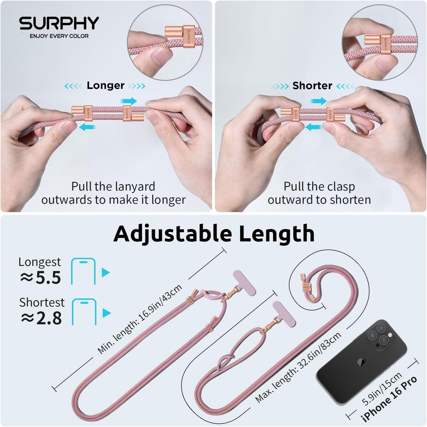 SURPHY Phone Lanyard Crossbody, Adjustable Cell Phone Lanyard with 2 Pack Phone Tether Tab, Two-Color Braided Phone Strap with Carabiner