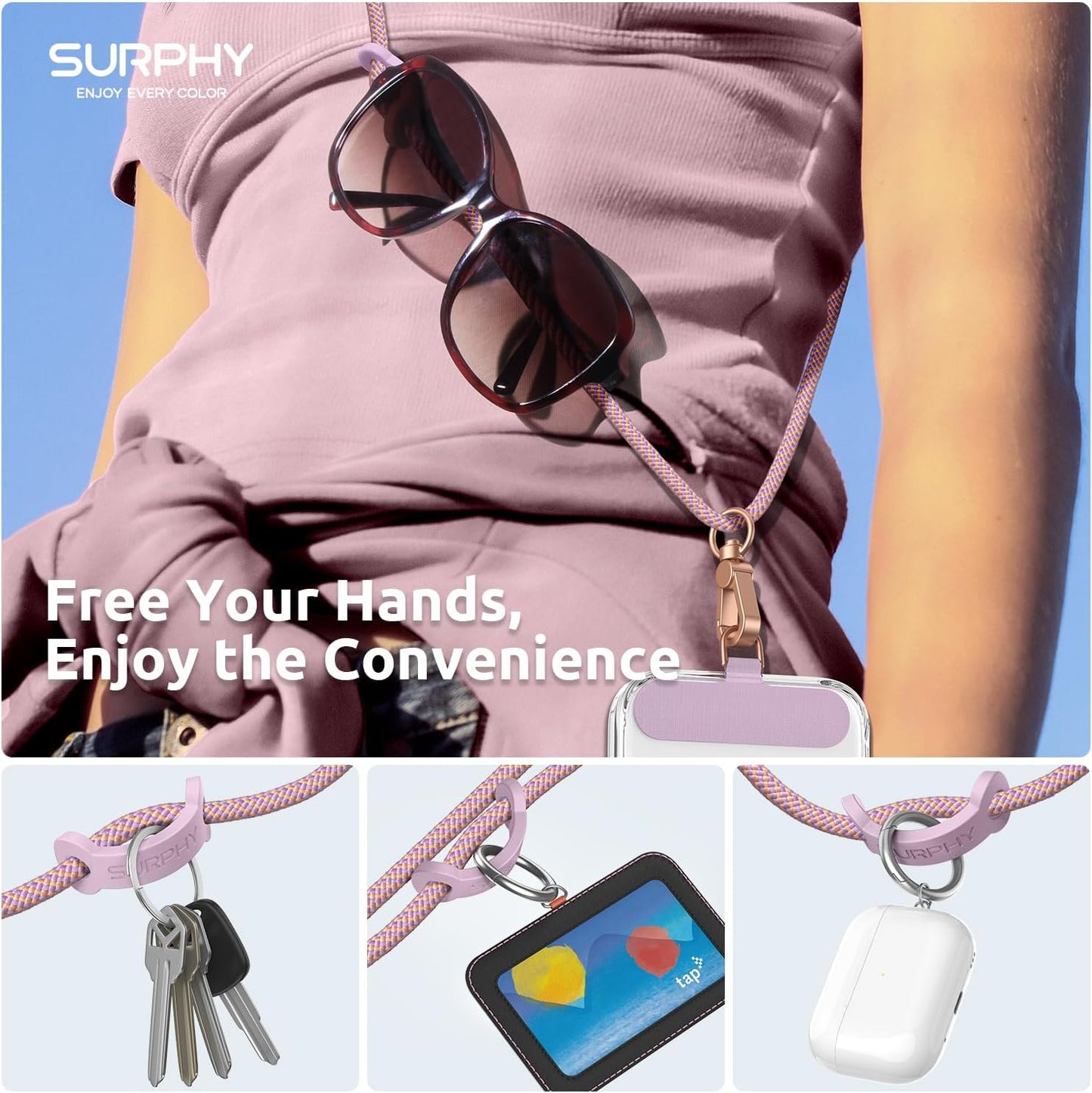 SURPHY Phone Lanyard Crossbody, Adjustable Cell Phone Lanyard with 2 Pack Phone Tether Tab, Two-Color Braided Phone Strap with Carabiner