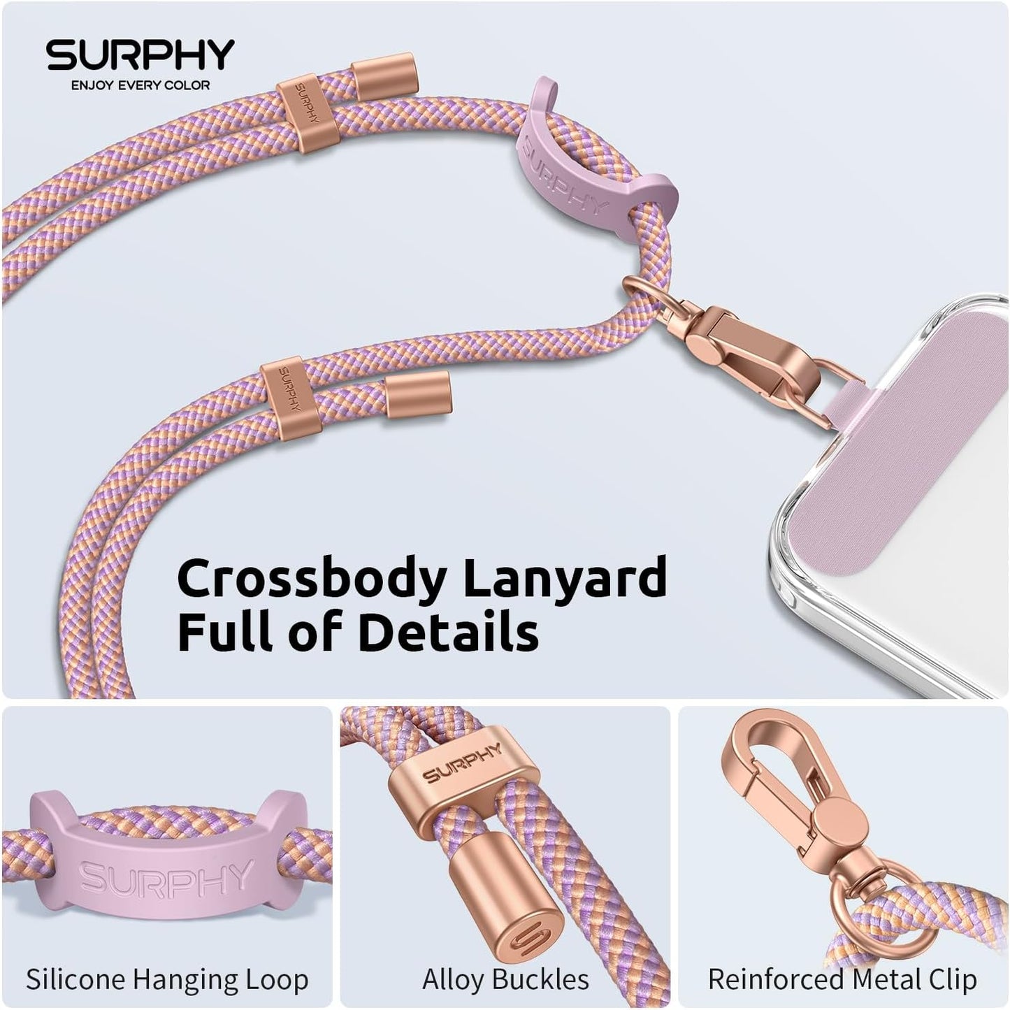 SURPHY Phone Lanyard Crossbody, Adjustable Cell Phone Lanyard with 2 Pack Phone Tether Tab, Two-Color Braided Phone Strap with Carabiner